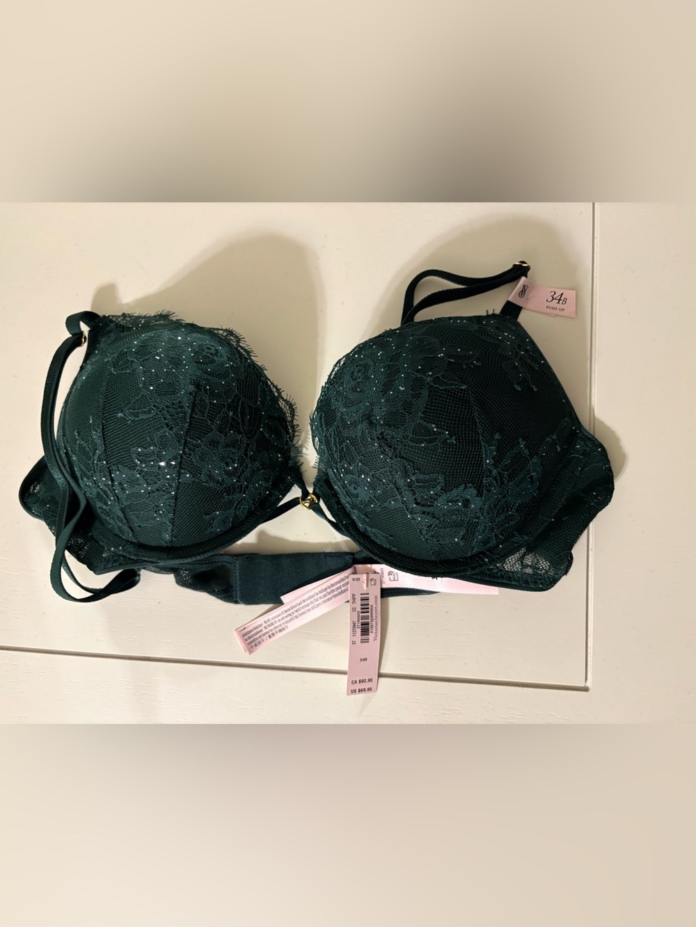 Victoria's Secret Emerald Lace Push-Up Bra with Subtle Sparkle